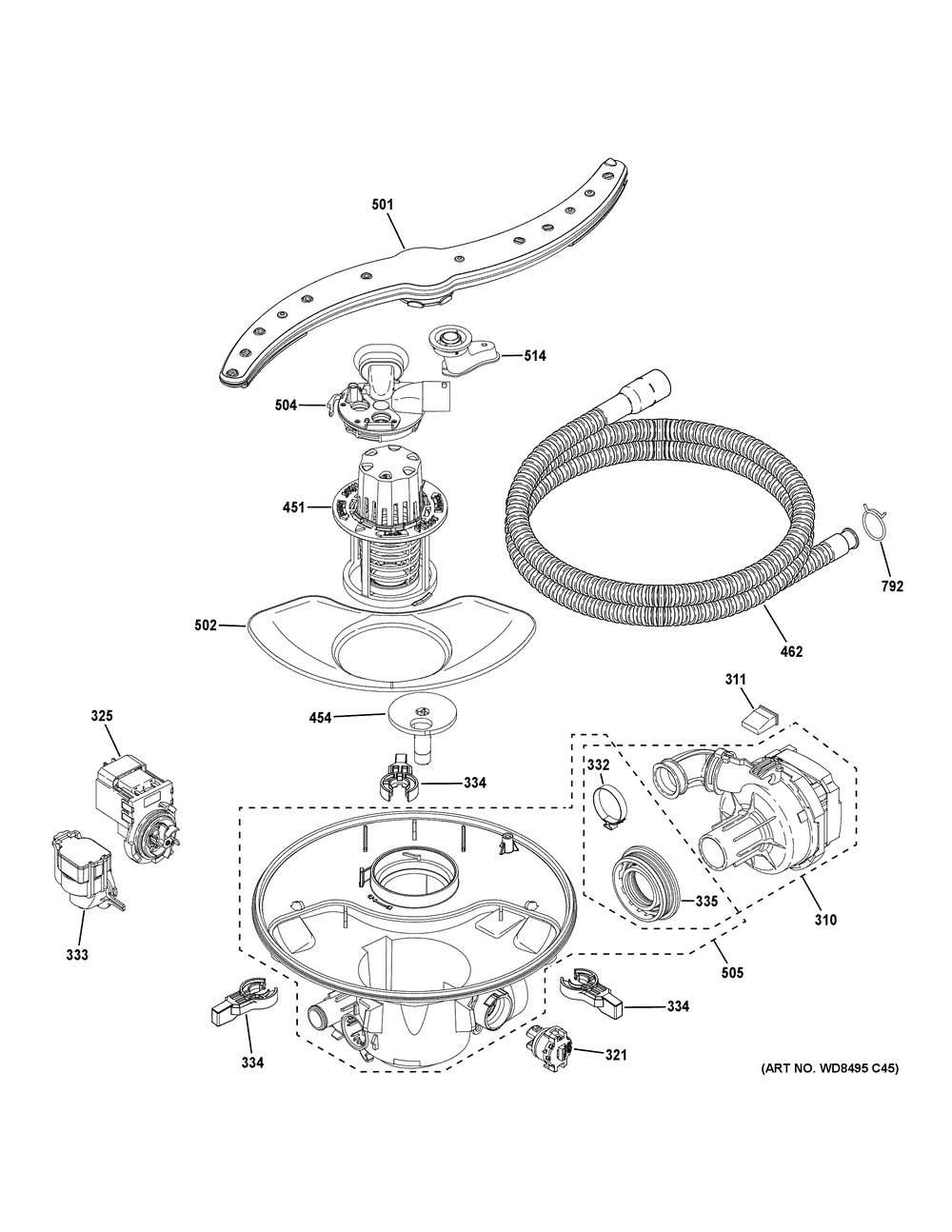 Motor, Sump And Filter Assembly Diagram and Parts List for GDF670SYV0FS  General Electric Dishwasher