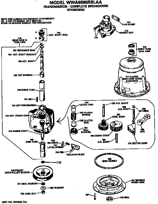 Transmission Diagram and Parts List for WWA9890RBLAA  General Electric Washer