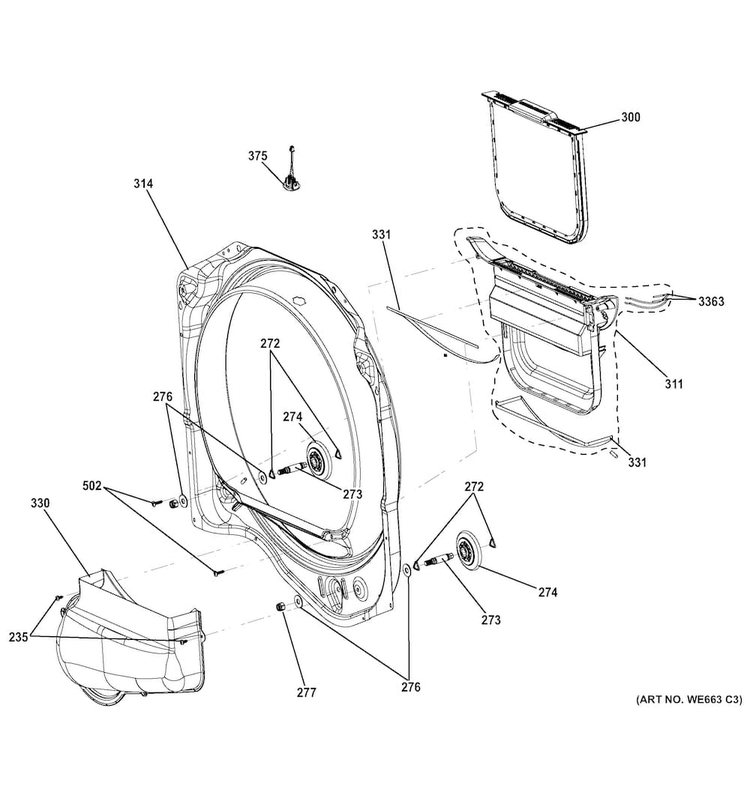 Front Roller Support Diagram and Parts List for GTD81ESSJ0WS  General Electric Dryer