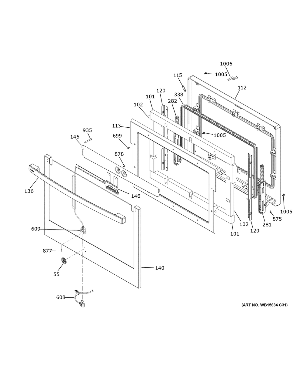 Door Diagram and Parts List for PTS9000SN5SS  General Electric Wall Oven