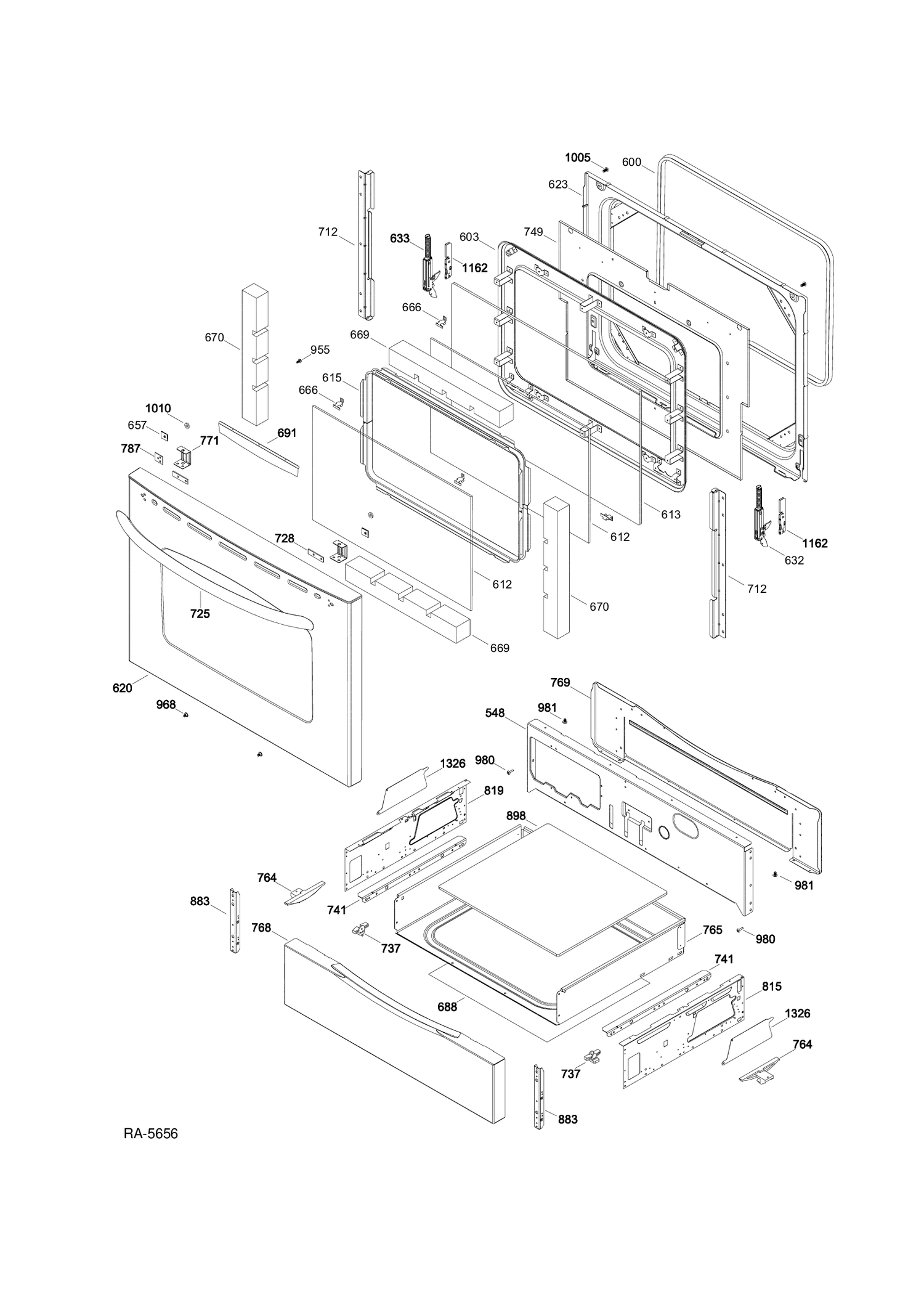 DOOR & DRAWER Diagram and Parts List for JCSP41SV2SS  General Electric Range