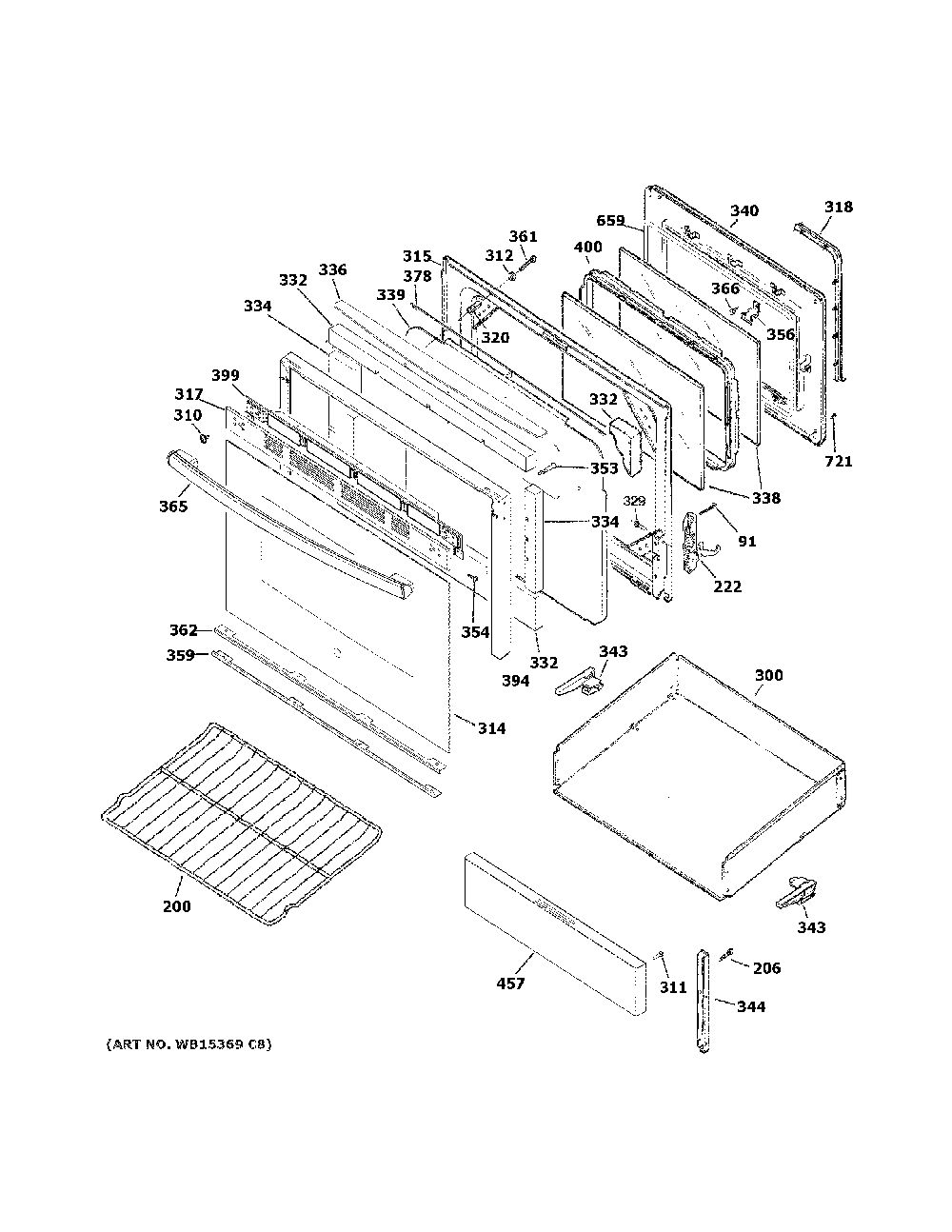 Door & drawer parts Diagram and Parts List for JB480DM2WW  General Electric Range