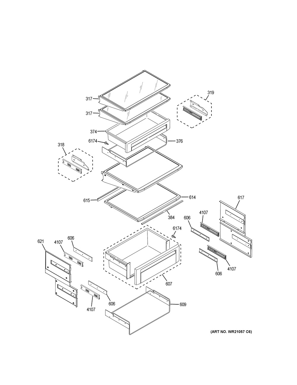 Fresh Food Shelves Diagram and Parts List for ZISB360DKC  General Electric Refrigerator