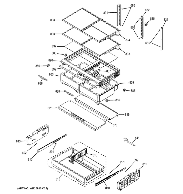 Fresh Food Shelves Diagram and Parts List for DFE28JGHFBB  General Electric Refrigerator
