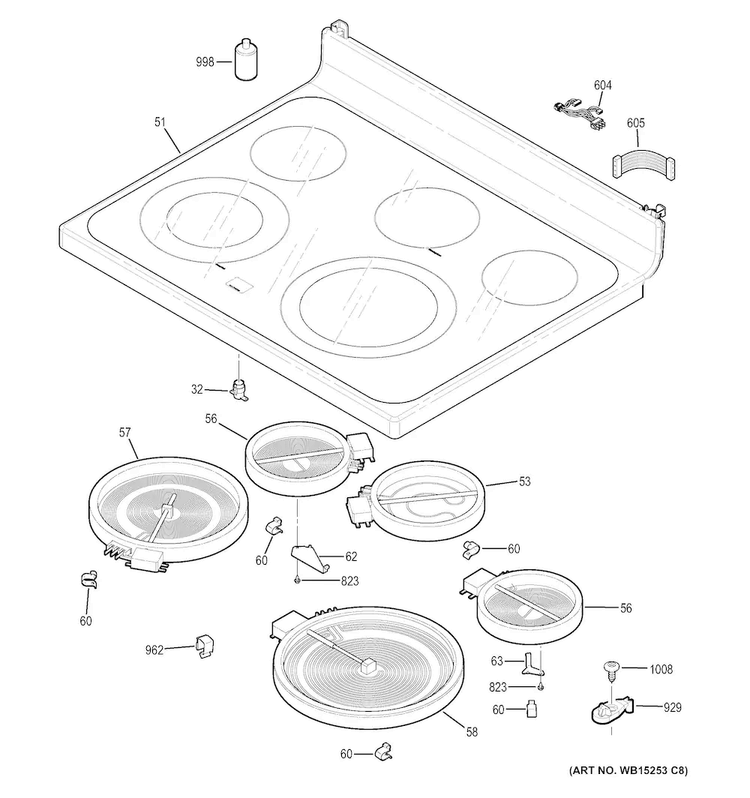 Cooktop Diagram and Parts List for PB911DJ1BB  General Electric Range