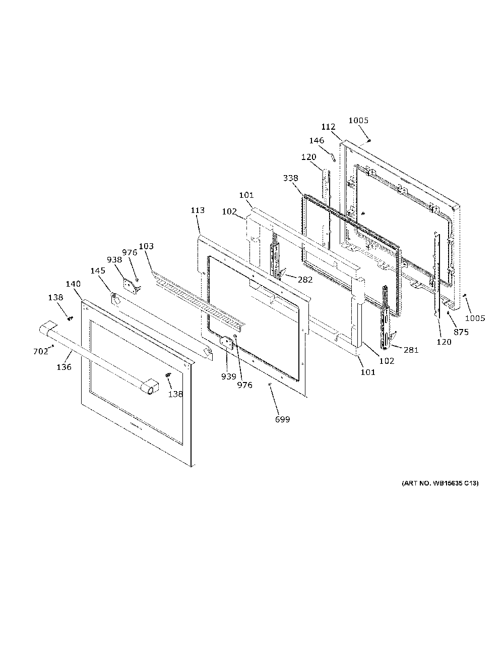 Lower Door Diagram and Parts List for ZKD90DPSN2SS  General Electric Wall Oven