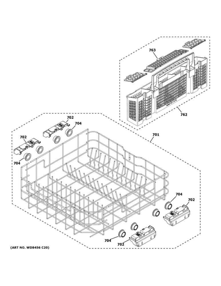 Lower Rack Assembly Diagram and Parts List for GDT630PGR0WW  General Electric Dishwasher