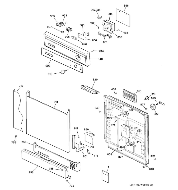 Escutcheon & Door Assembly Diagram and Parts List for GSD2200G20CC  General Electric Dishwasher