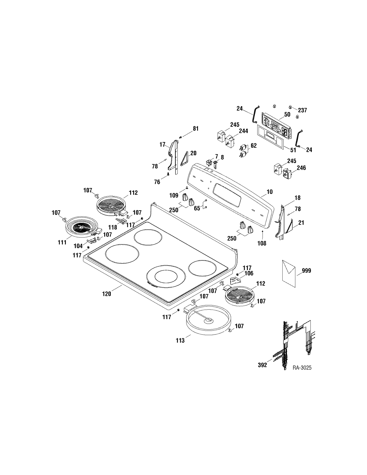 CONTROLS & COOKTOP Diagram and Parts List for JCBP65DP1WW  General Electric Range