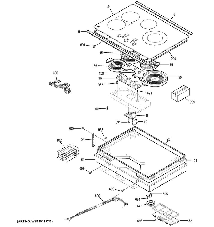 Control Panel & Cooktop Diagram and Parts List for JP5030SJ2SS  General Electric Cooktop