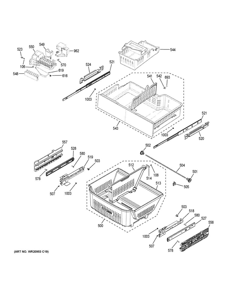Freezer Shelves Diagram and Parts List for PWE23KGDFWW  General Electric Refrigerator