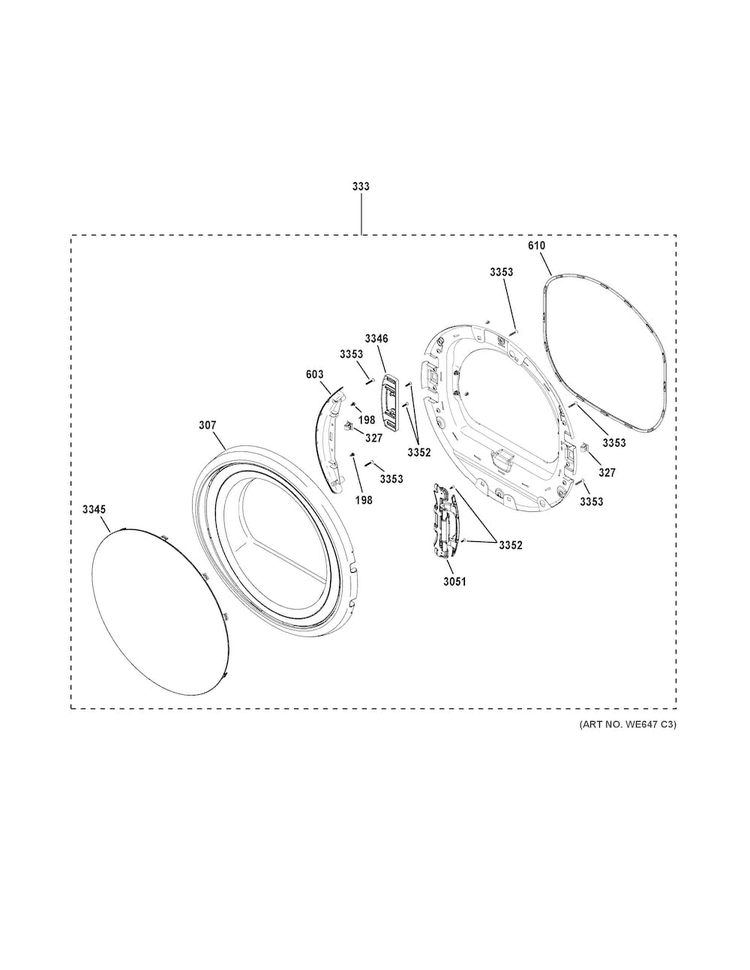 Door Diagram and Parts List for GFDS170EH1WW  General Electric Dryer