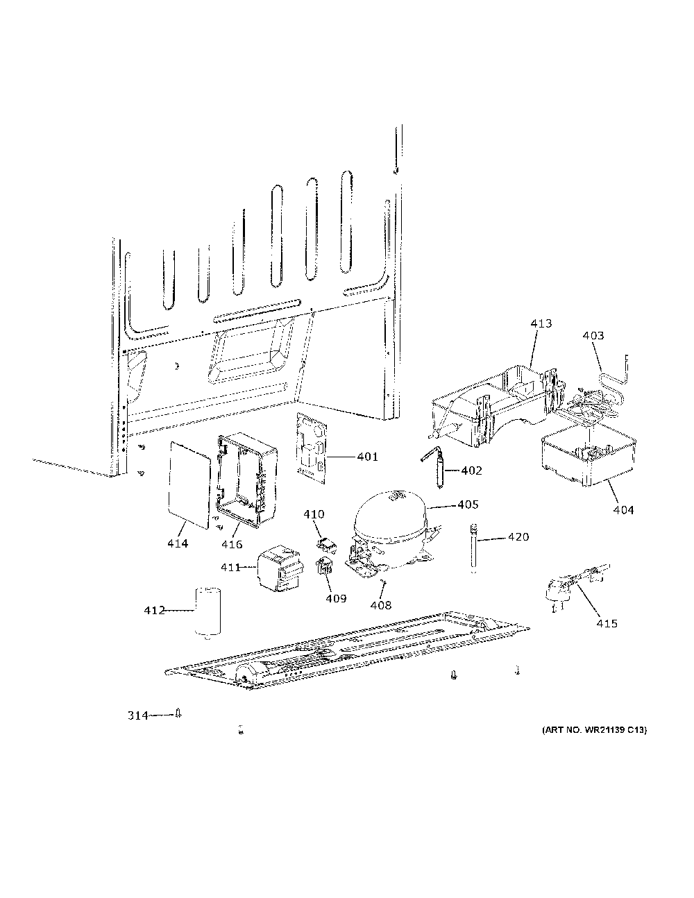 Machine Compartment Diagram and Parts List for FUF14DLREWW  General Electric Freezer