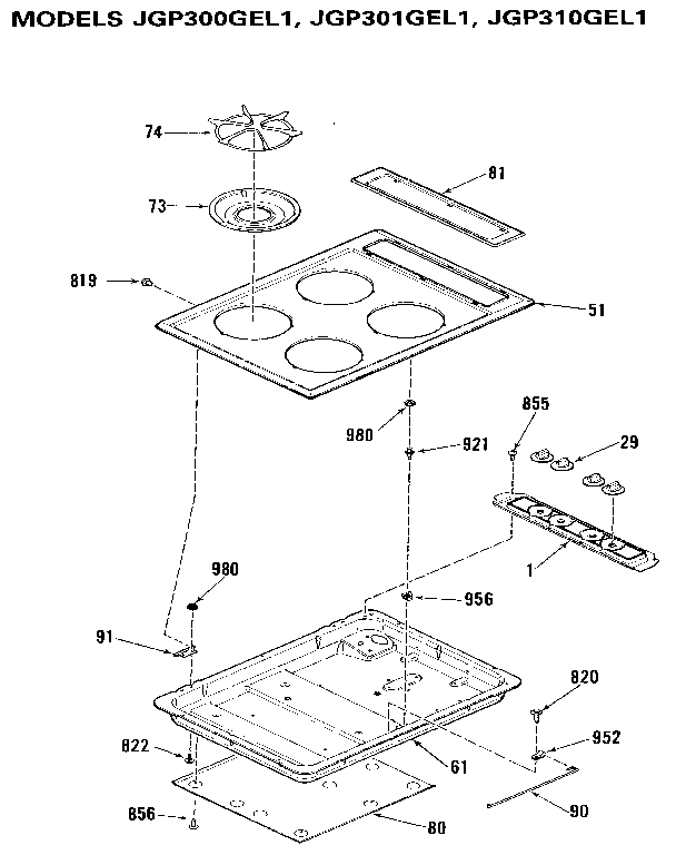Main Body Diagram and Parts List for JGP310GEL1  General Electric Cooktop