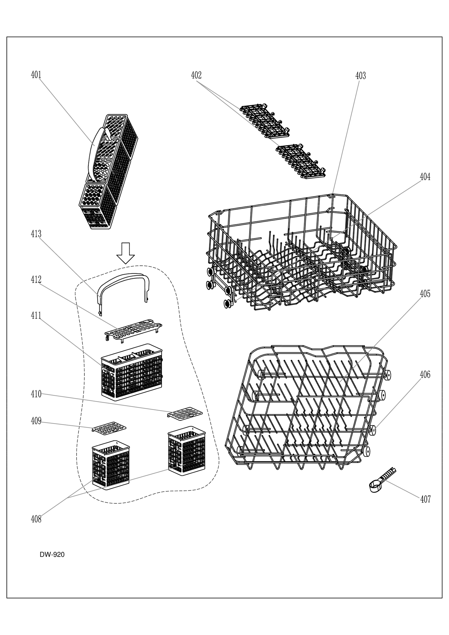 RACKS Diagram and Parts List for GDT410SIF0II  General Electric Dishwasher