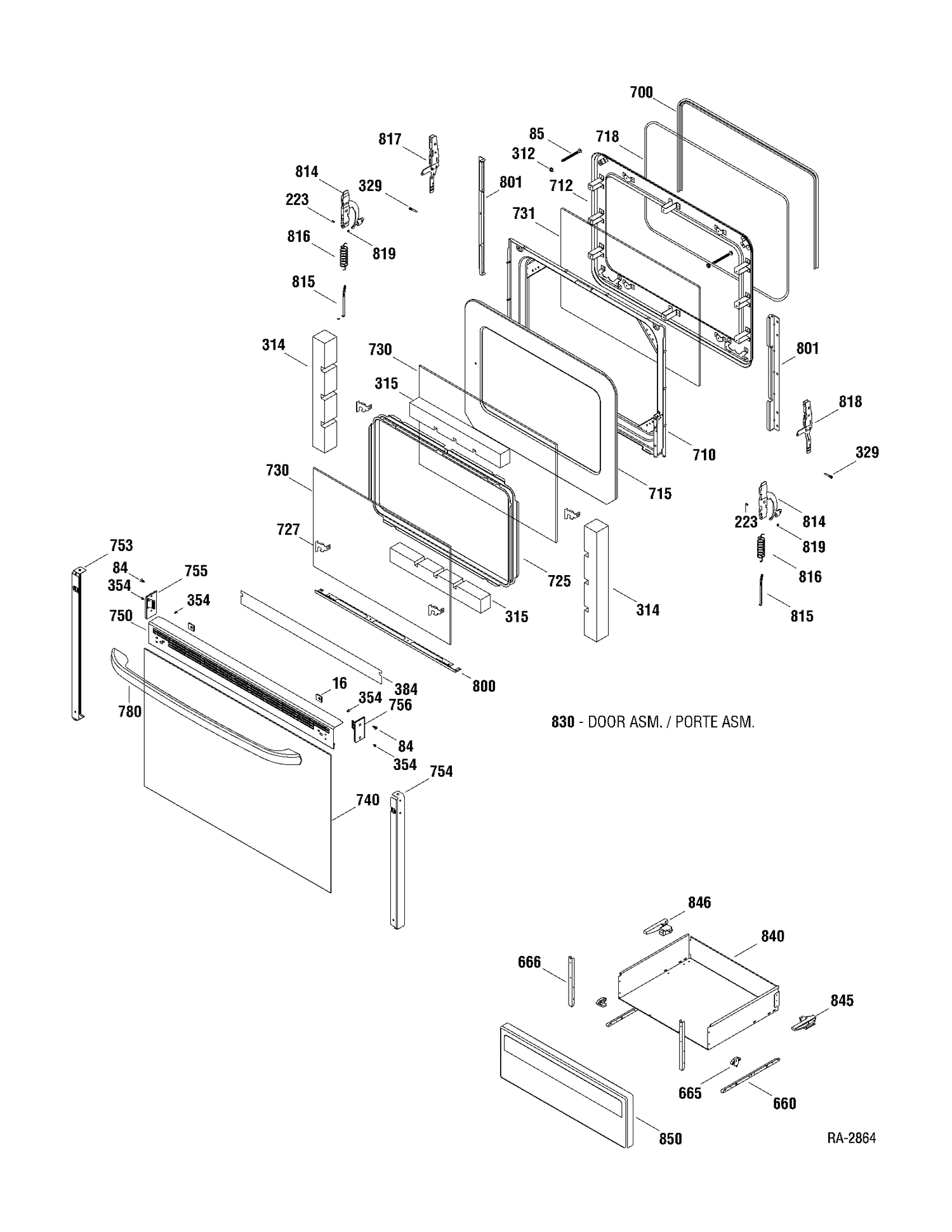 DOOR & DRAWER Diagram and Parts List for JCBP40DP1WW  General Electric Range