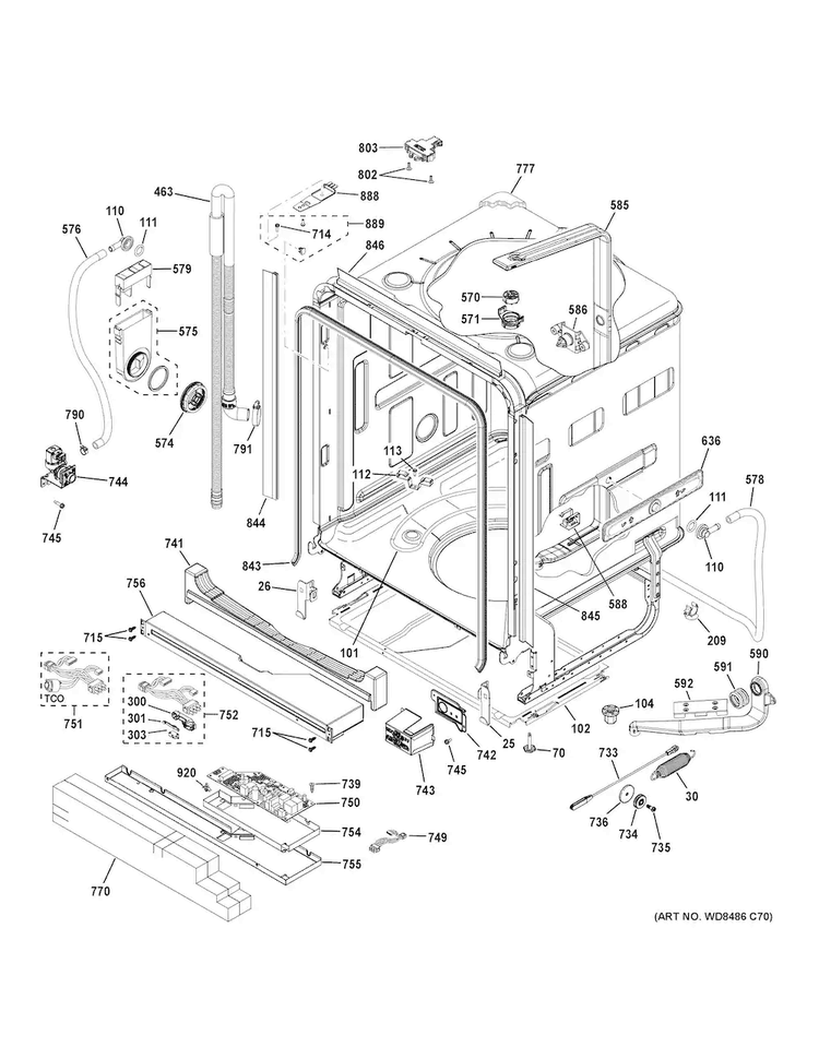 Body Parts Diagram and Parts List for CDT835SSJ0SS  General Electric Dishwasher