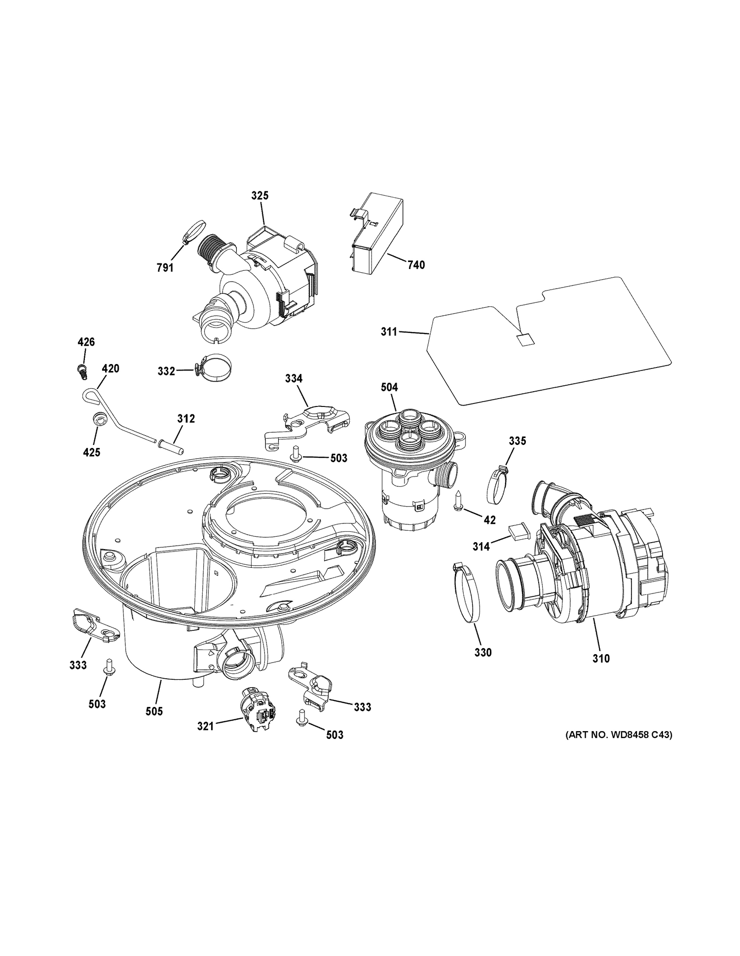 SUMP & MOTOR MECHANISM Diagram and Parts List for PDT750SSF8SS  General Electric Dishwasher