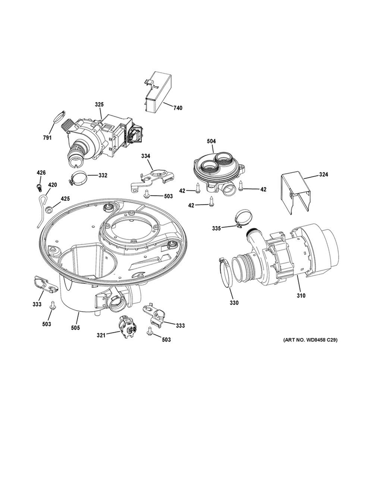 Sump & Motor Mechanism Diagram and Parts List for GDT680SGH2BB  General Electric Dishwasher
