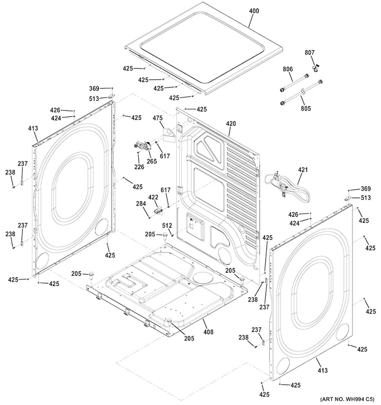 Cabinet & Top Panel Diagram and Parts List for GFDR270GH1WW  General Electric Dryer