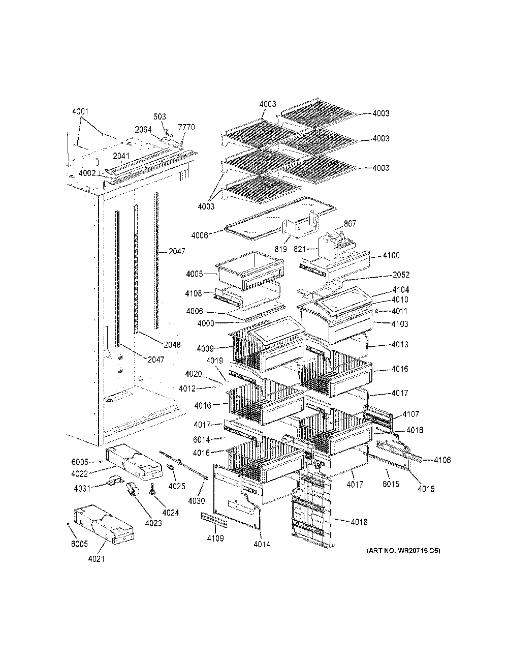Shelves And Dawers Diagram and Parts List for ZIF360NPBLH  General Electric Freezer