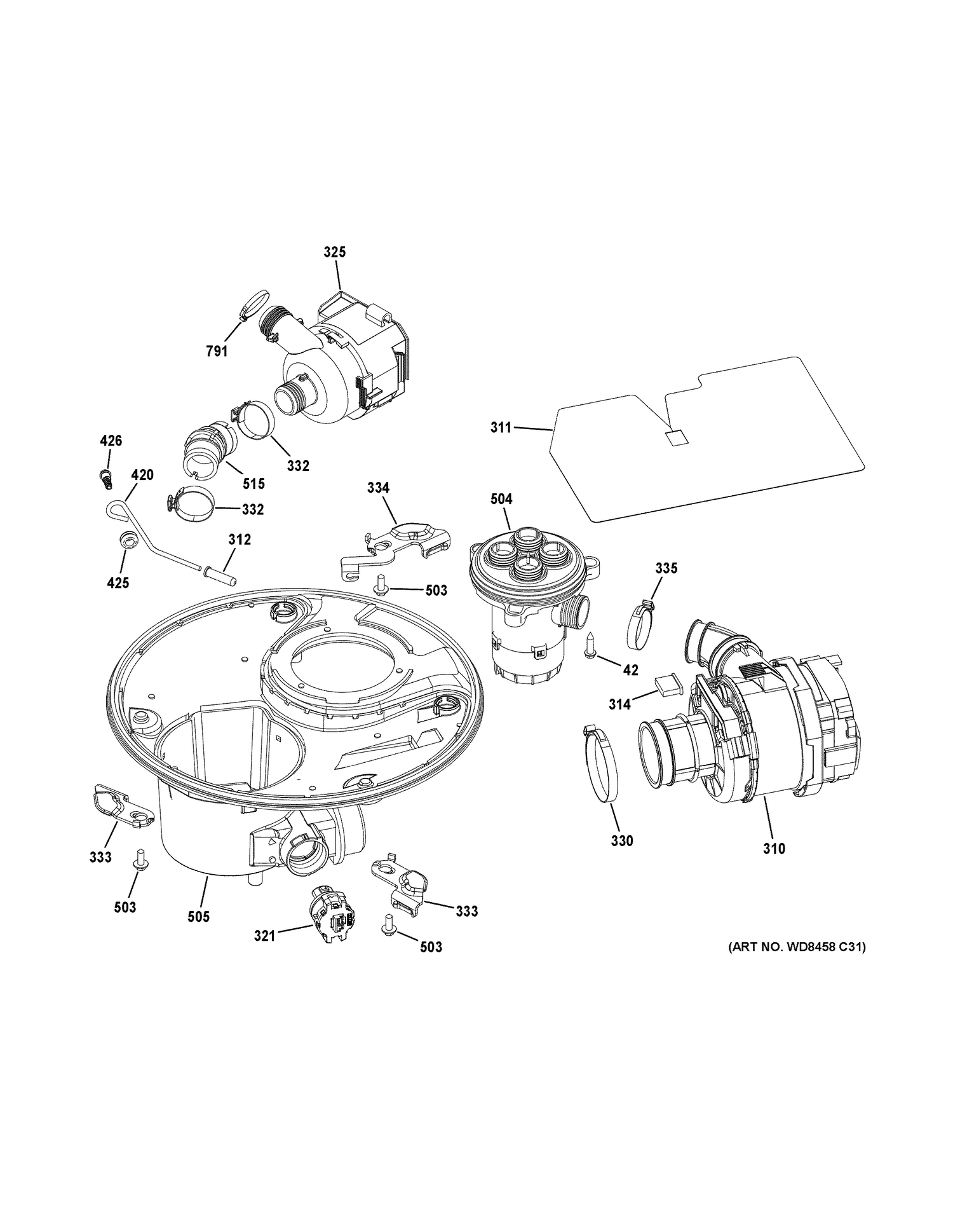 SUMP & MOTOR MECHANISM Diagram and Parts List for GDT740SIF8II  General Electric Dishwasher