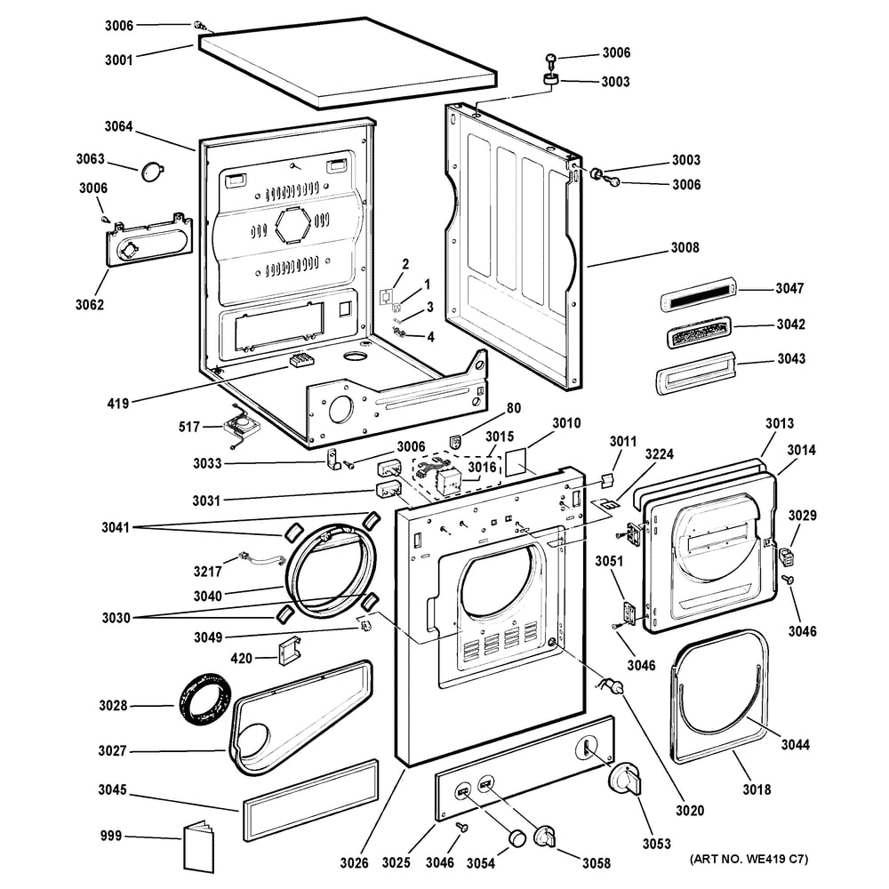 Backsplash, Cabinet & Front Panel Diagram and Parts List for DSKS433EB8WW  General Electric Dryer
