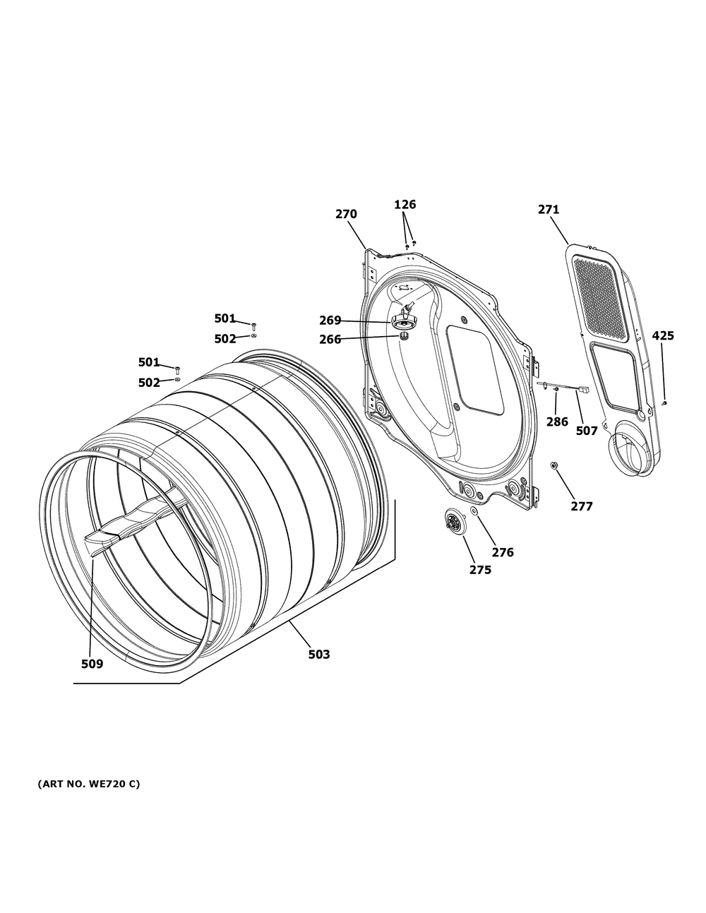 Drum Diagram and Parts List for PFD87ESSV0WW  General Electric Dryer