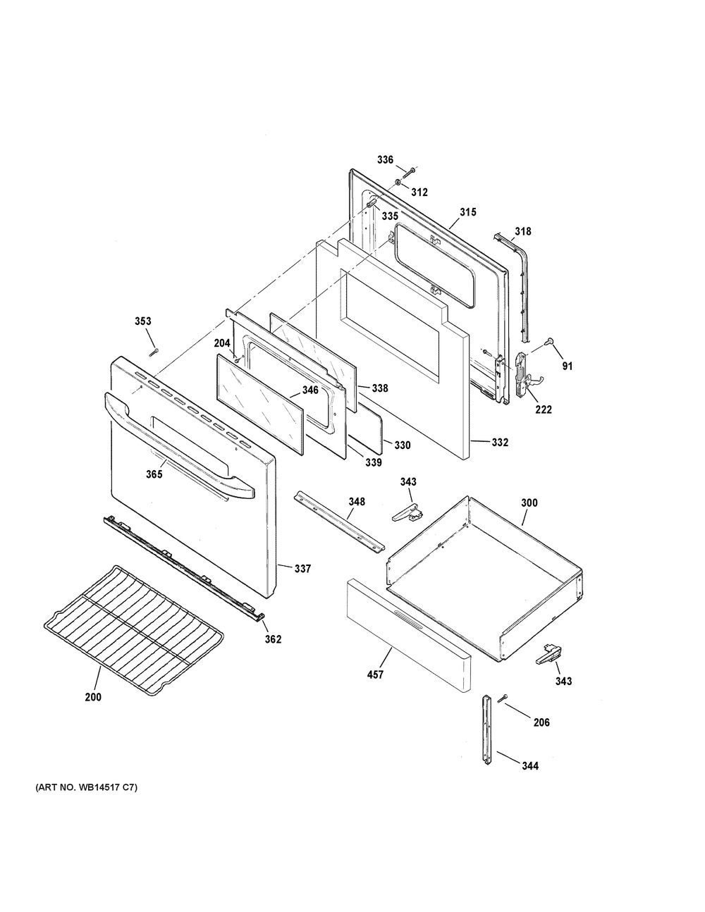 Door And Drawer Parts Diagram and Parts List for RBS360DM3WW  General Electric Range