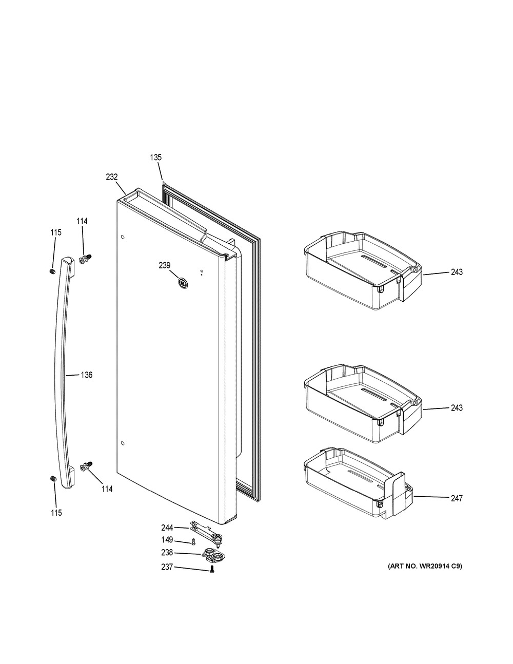 Fresh Food Door - Rh Diagram and Parts List for GFE26GGKHBB  General Electric Refrigerator