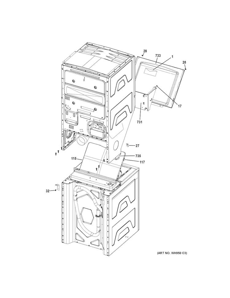 Cabinet Diagram and Parts List for GUD24ESSJ0WW  General Electric Washer Dryer Combo