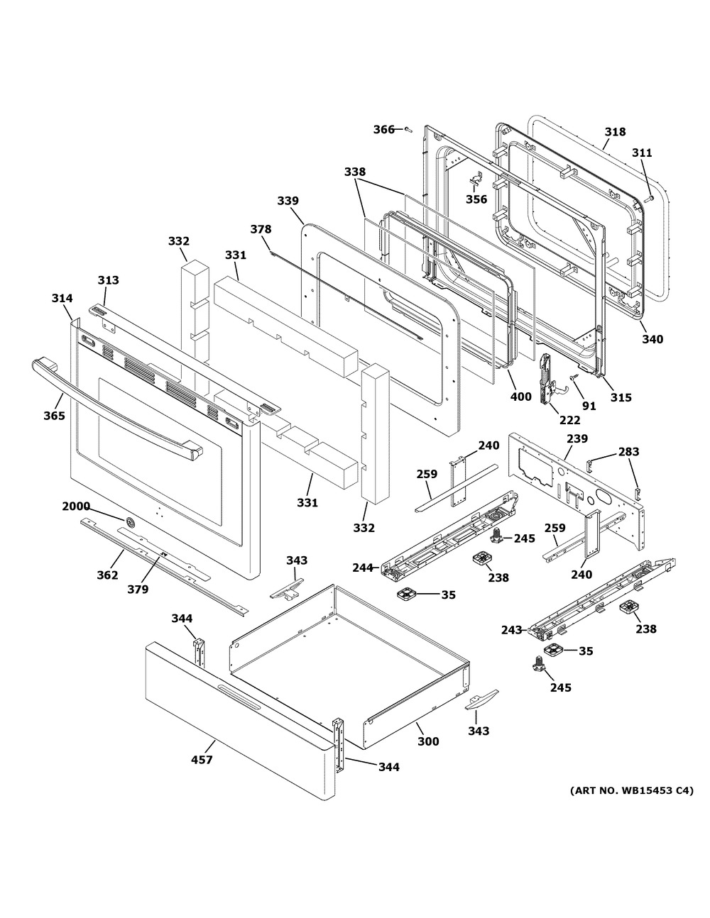 Door & Drawer Parts Diagram and Parts List for JGB720FEJ2DS  General Electric Range