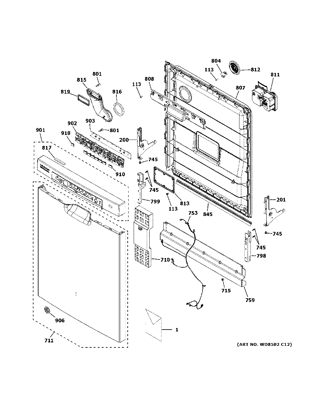 Escutcheon & door assembly Diagram and Parts List for GDF630PFM5DS  General Electric Dishwasher