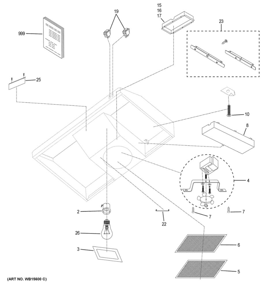 Range Hood Diagram and Parts List for JVX3300DJ4BB  General Electric Range Hood