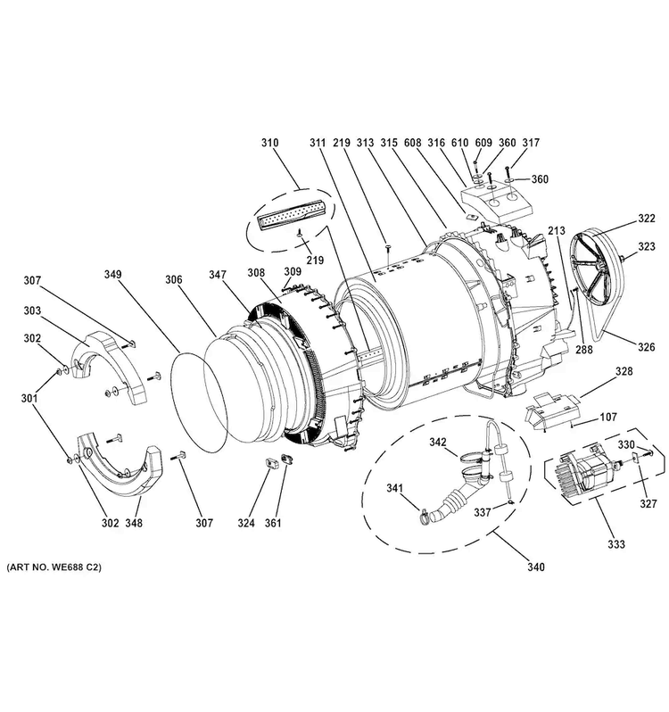 Tub & Motor Diagram and Parts List for GFWN1100H0WW  General Electric Washer