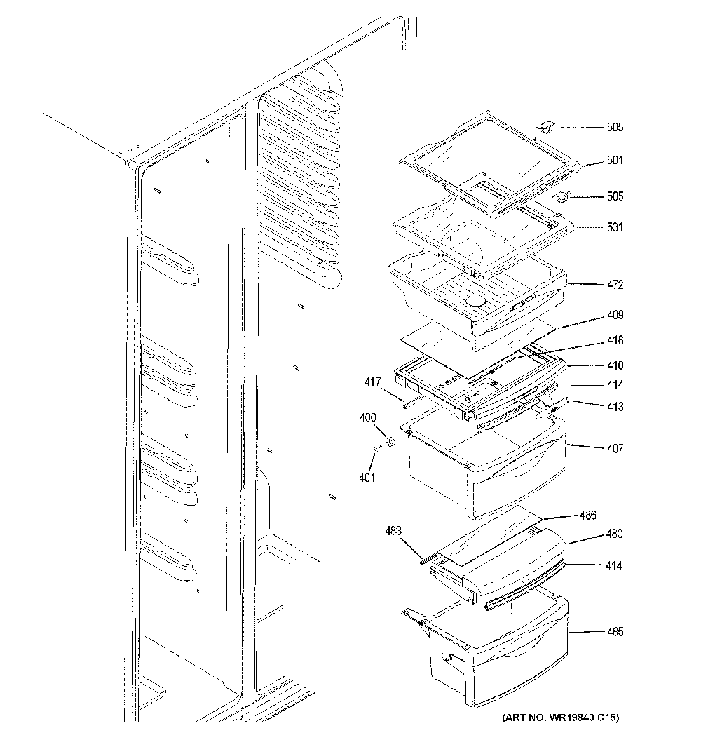 Fresh food shelves Diagram and Parts List for GSS23GGKPCWW  General Electric Refrigerator