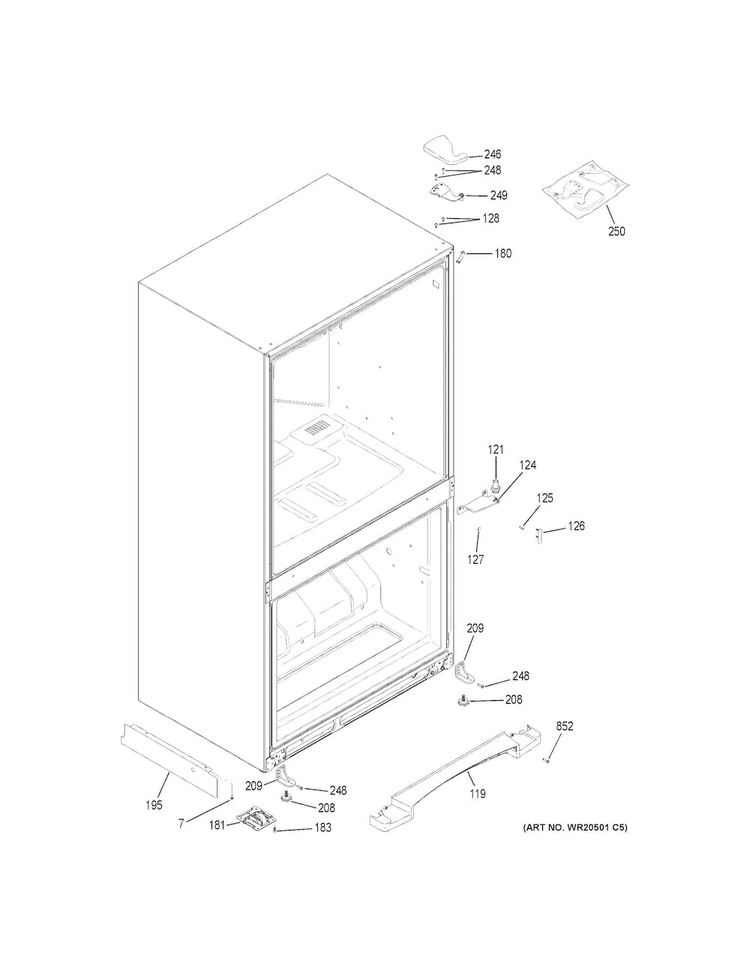 Case Parts Diagram and Parts List for GDE23GGHBRBB  General Electric Refrigerator