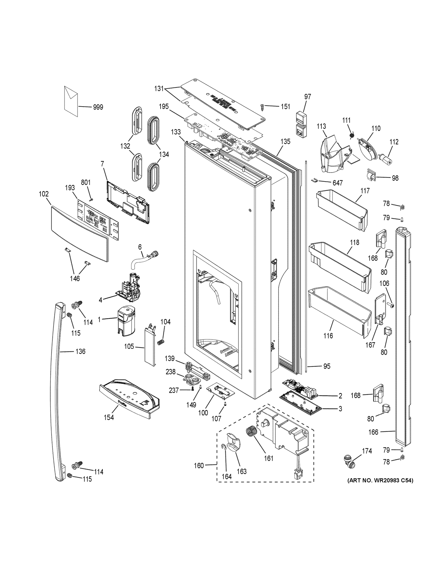 DISPENSER DOOR Diagram and Parts List for PFE28PBLCTS  General Electric Refrigerator