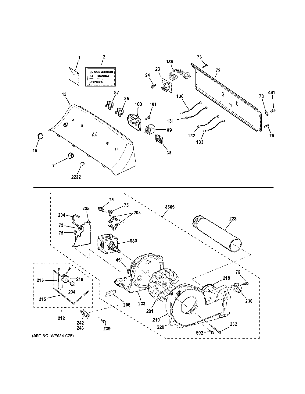 Backsplash, Blower And Motor Assembly Diagram and Parts List for GTD45GASJ3WS  General Electric Dryer