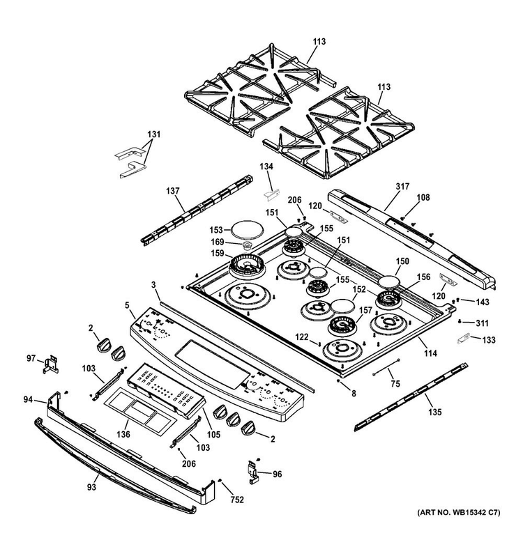 Control Panel & Cooktop Diagram and Parts List for JGS750DEF4WW  General Electric Range