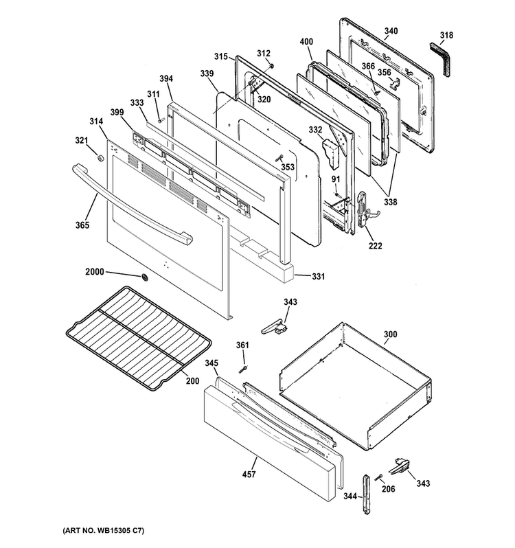 Door & Drawer Parts Diagram and Parts List for JGB620GEF3SA  General Electric Range