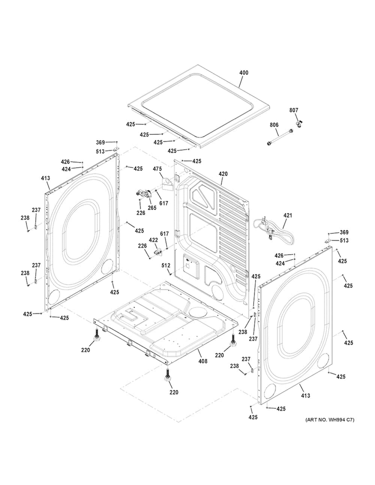Cabinet & Top Panel Diagram and Parts List for GFD48GSPK0DG  General Electric Dryer