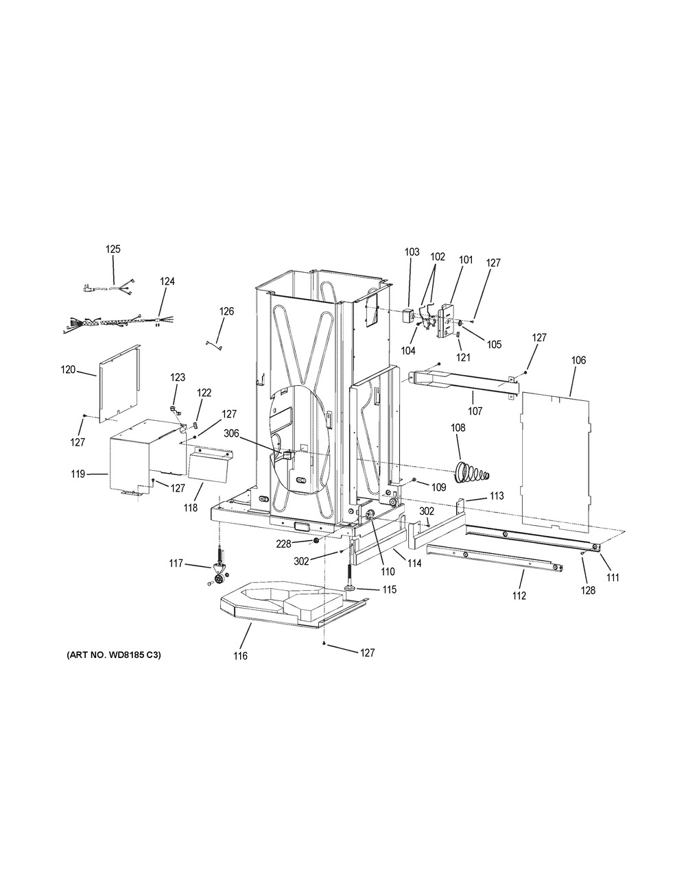 Frame Parts Diagram and Parts List for UCG1600L0BB  General Electric Trash Compactor