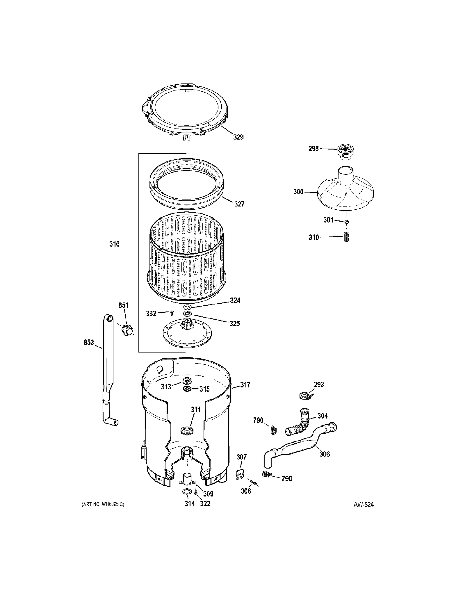 TUB GROUP Diagram and Parts List for 58971K3WW  General Electric Washer