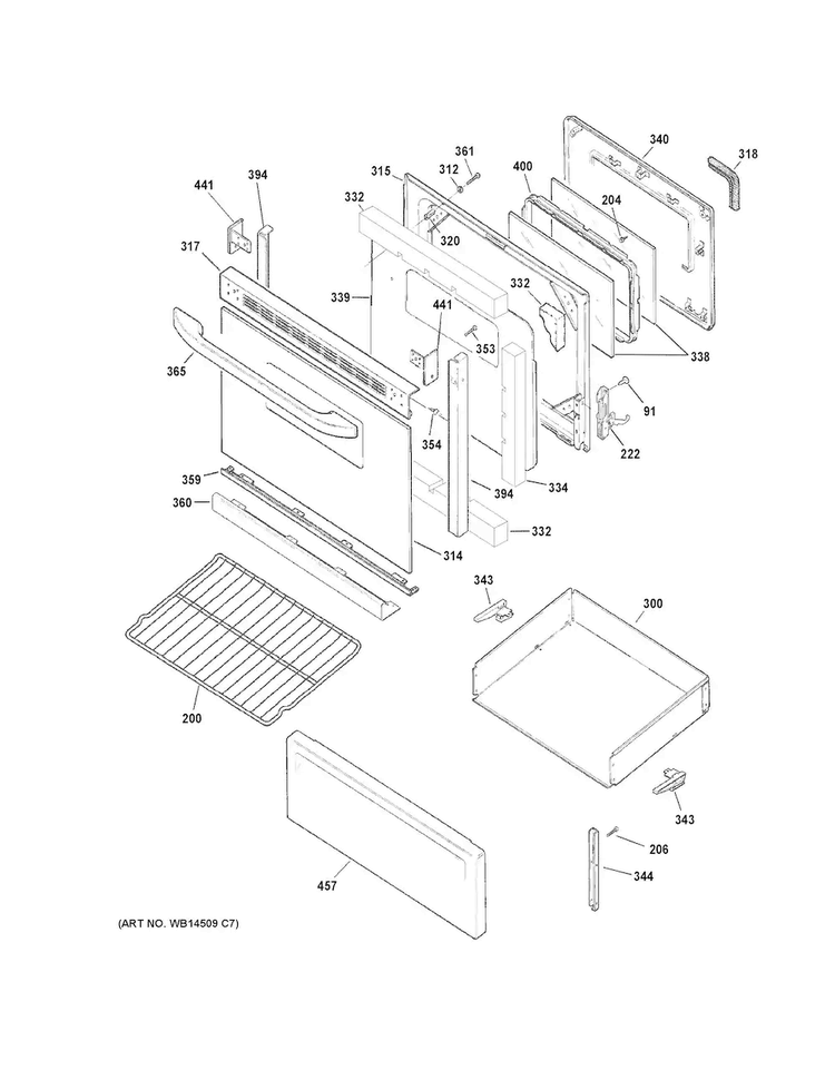 Door & Drawer Parts Diagram and Parts List for JB255DJ2WW  General Electric Range