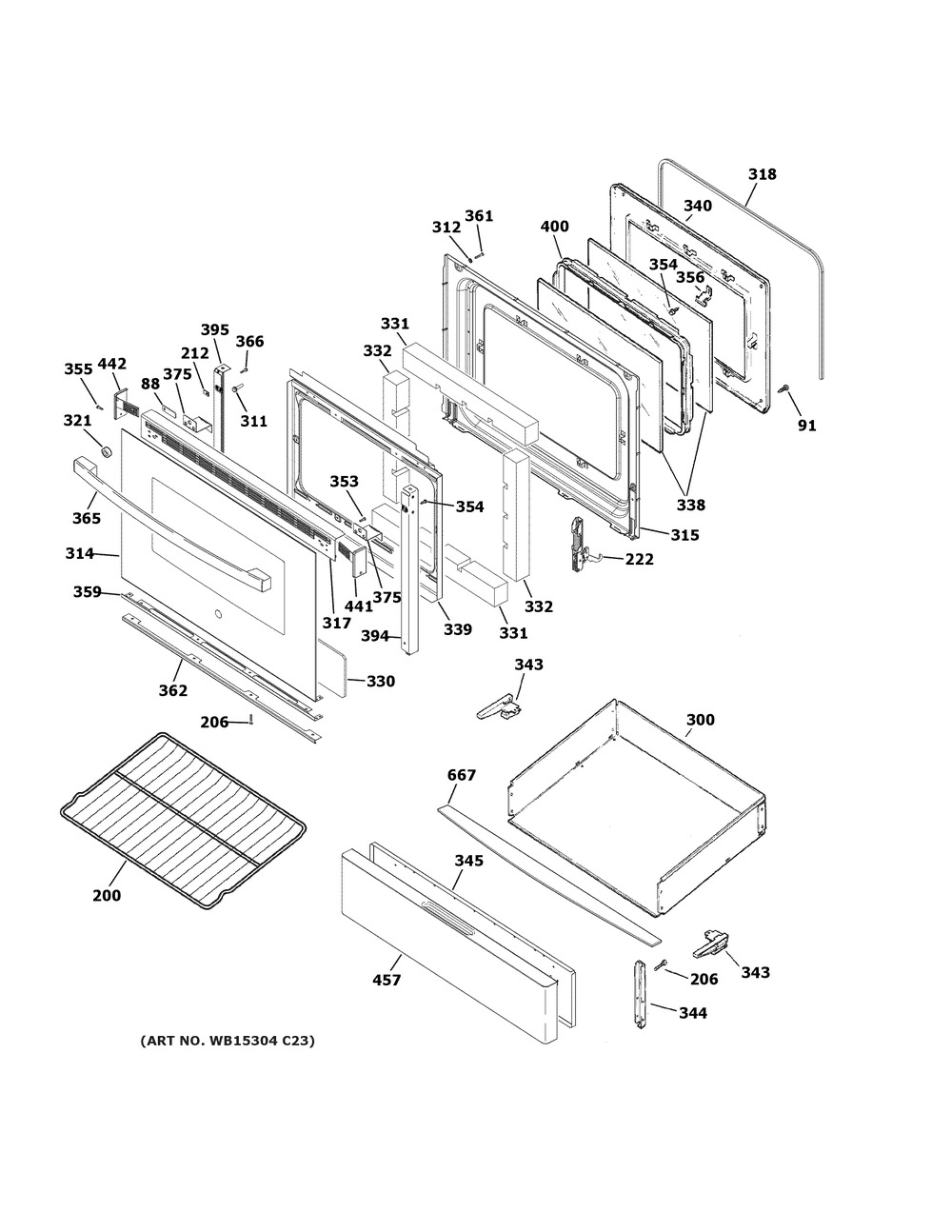 Door And Drawer Parts Diagram and Parts List for JGB635DEK5BB  General Electric Range