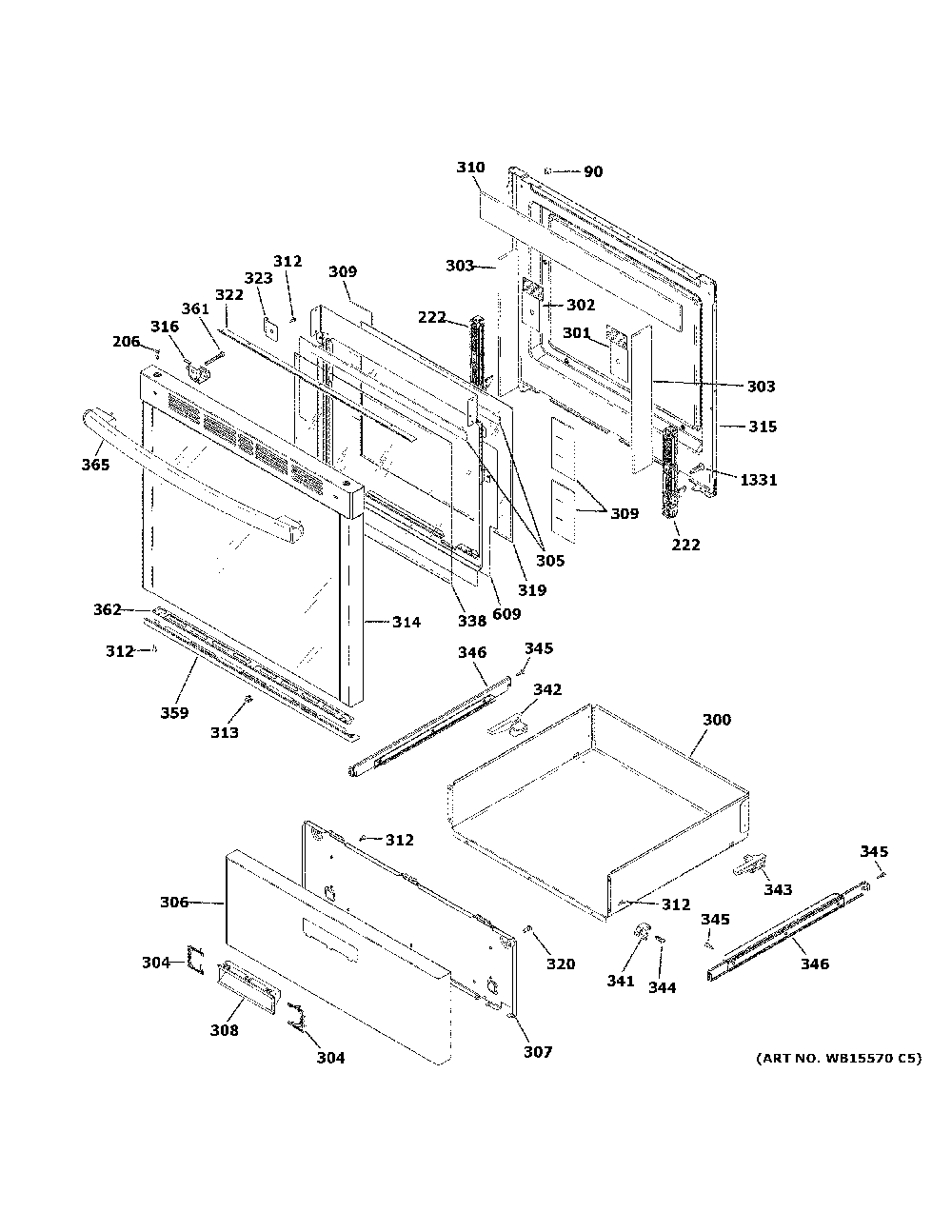 Door & drawer parts Diagram and Parts List for JGAS640RM2SS  General Electric Range