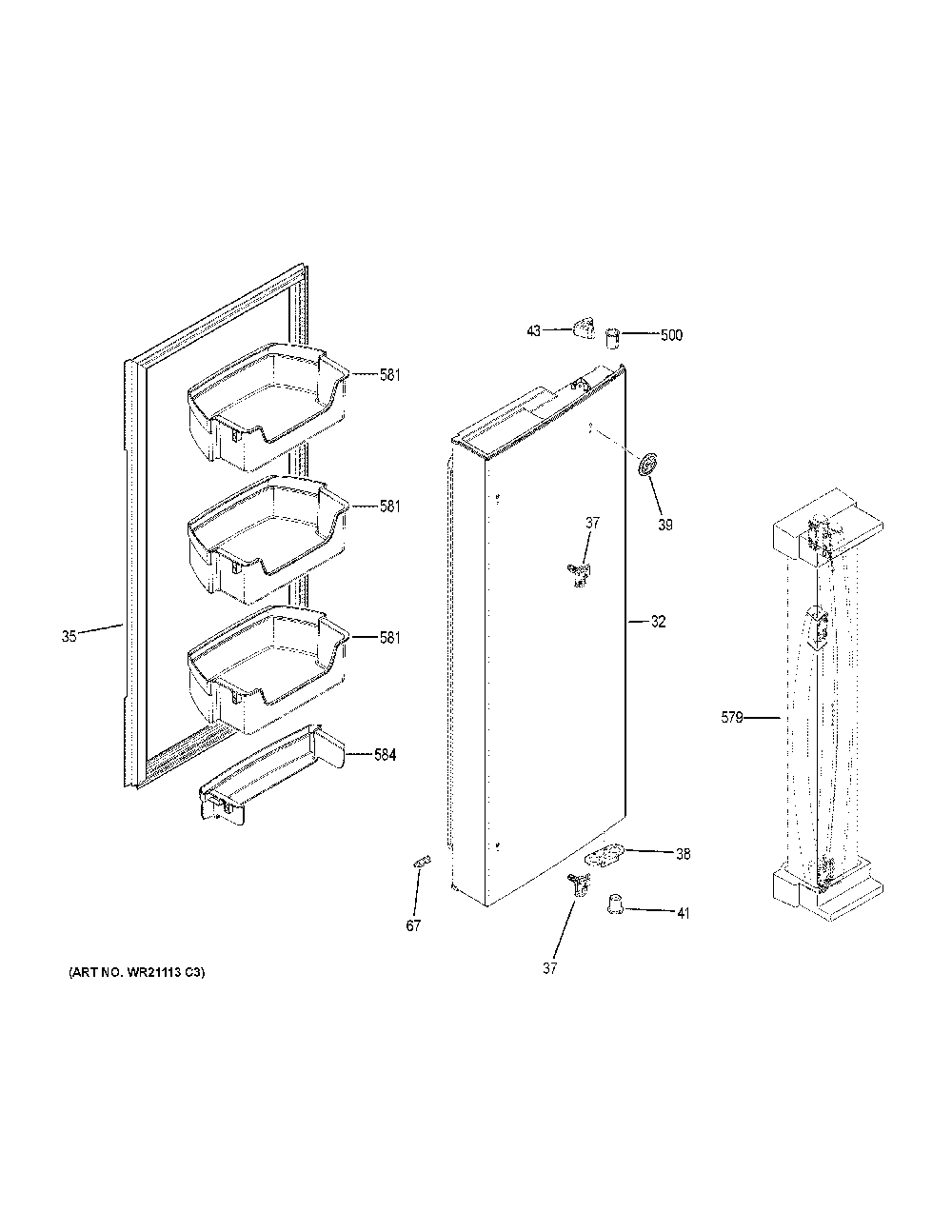 Fresh food door - rh Diagram and Parts List for GNE27JYMKFFS  General Electric Refrigerator