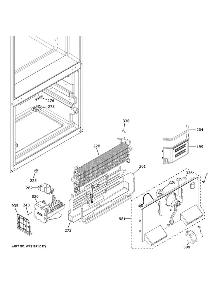 Freezer Section Diagram and Parts List for QNE27JYMXFFS  General Electric Refrigerator