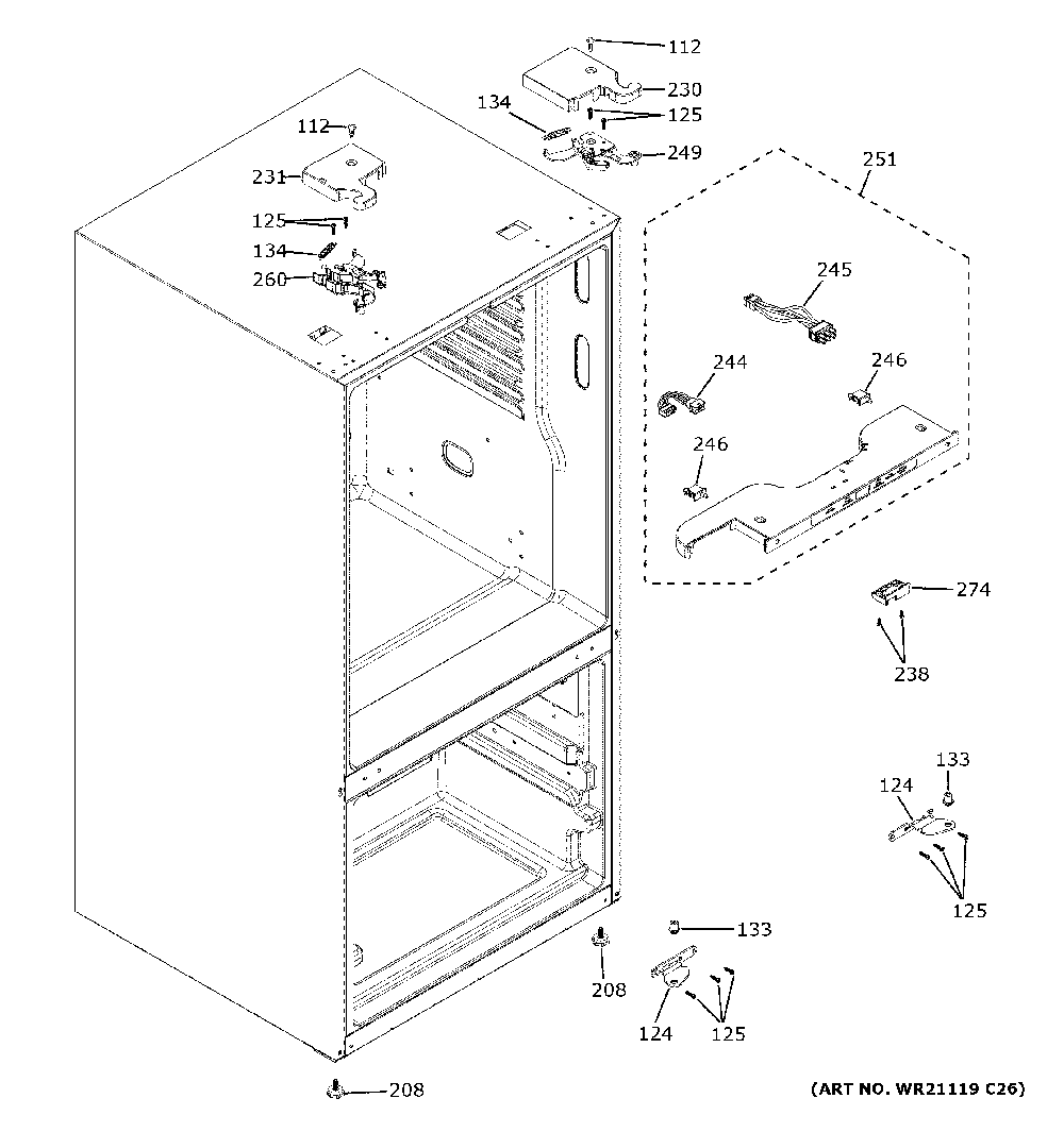 Case parts Diagram and Parts List for GNE25JMKNFES  General Electric Refrigerator
